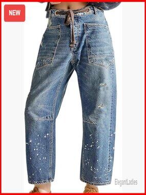 Pull-On Barrel Jeans Boyfriend Fit Elastic Waist Stretchy Denim Pants